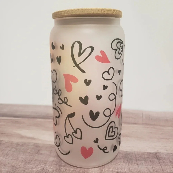 Sunflower‎ hearts doodle art custom frosted glass cup with lid and straw 16oz - Picture 2 of 4